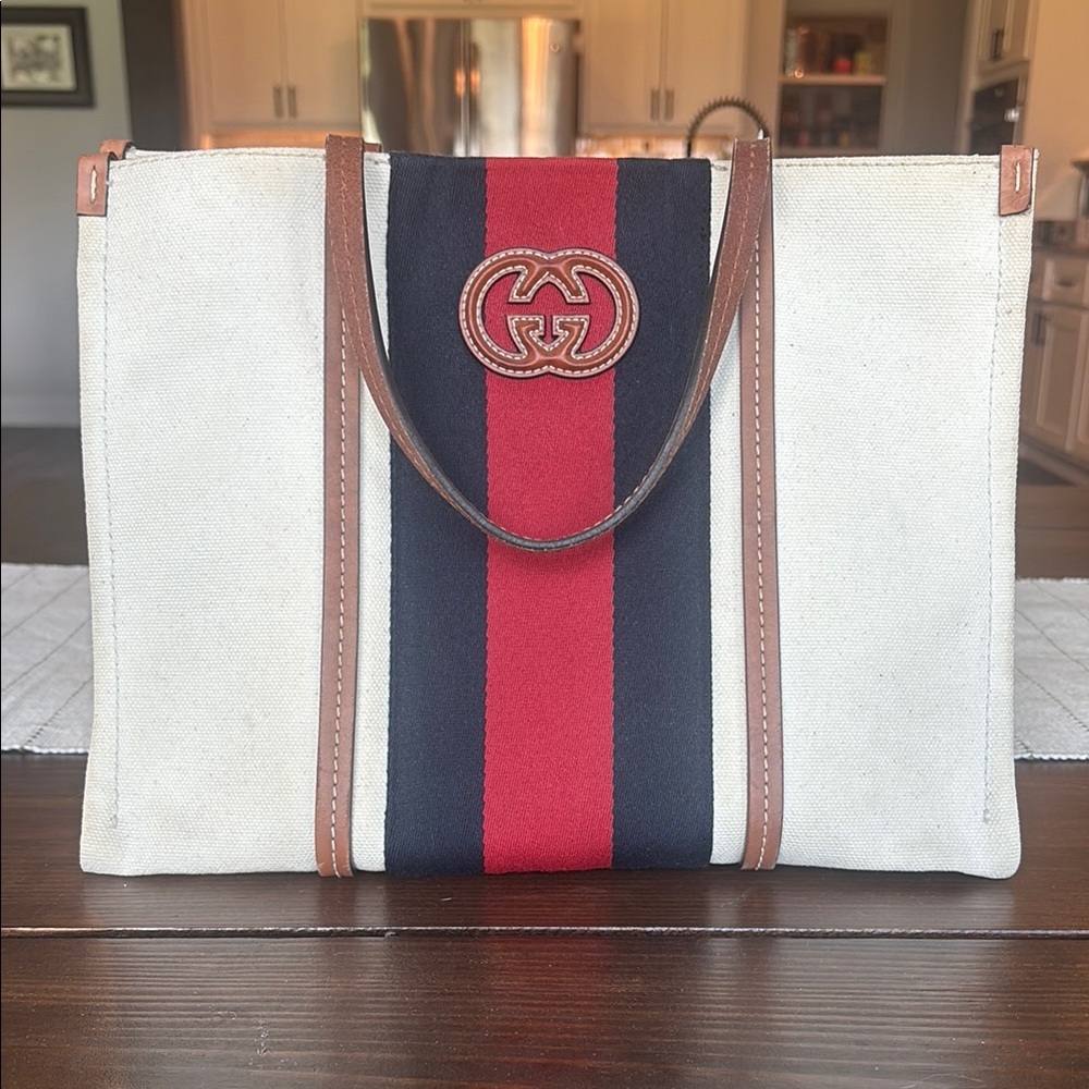 Gucci Red and Blue Striped Tote Bag